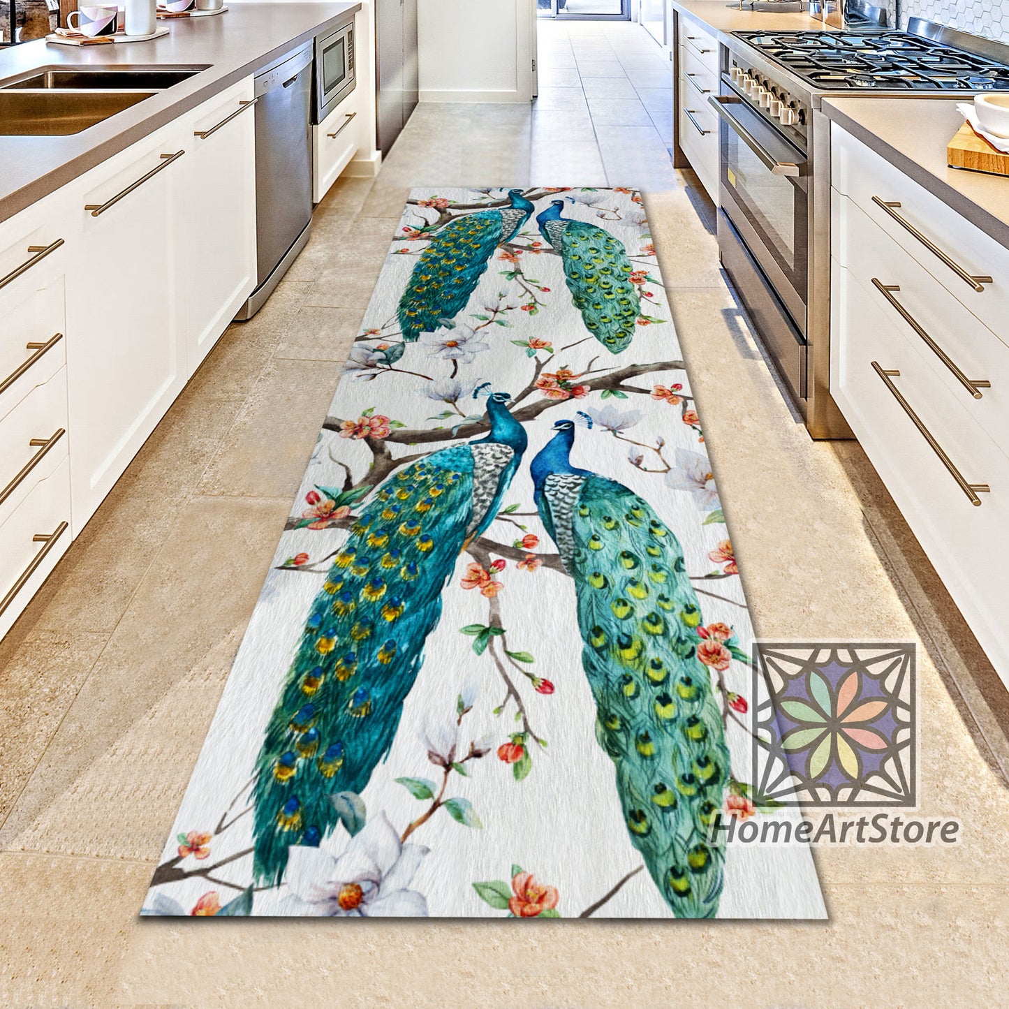 Peacock Pattern Runner Rug, Modern Runner Carpet, Floral Decor, Hallway Runner Mat, Animal Printed Boho Rug