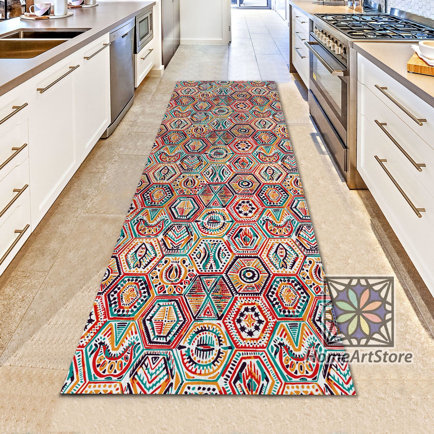 Colorful Patchwork Rug, Ethnic Motif Runner Rug, Kitchen Runner Mat, Bohemian Decor, Boho Rug