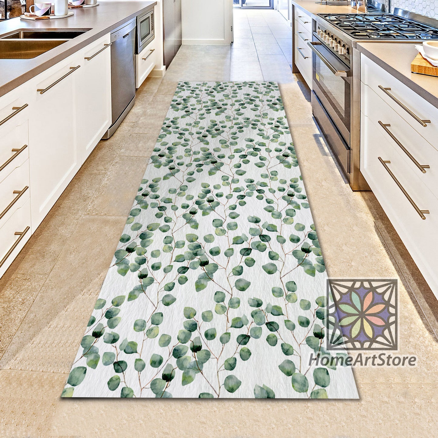 Eucalyptus Leaf Pattern Green Runner Rug, Boho Home Decor, Kitchen Runner Carpet, Bohemian Floral Runner Mat, Scandinavian Rug