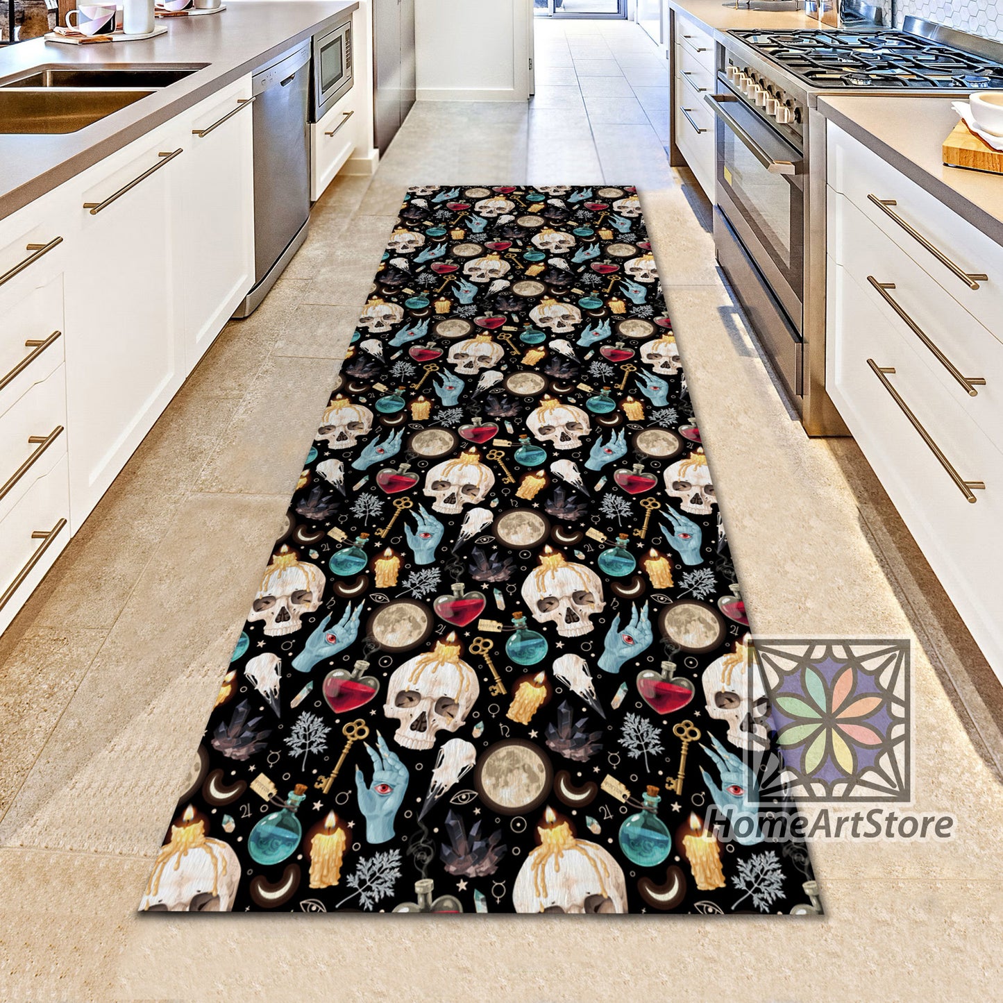 Black Witchcraft Runner Rug, Gothic Room Runner Mat, Horror Decor, Skull Themed Gothic Carpet, Halloween Gift