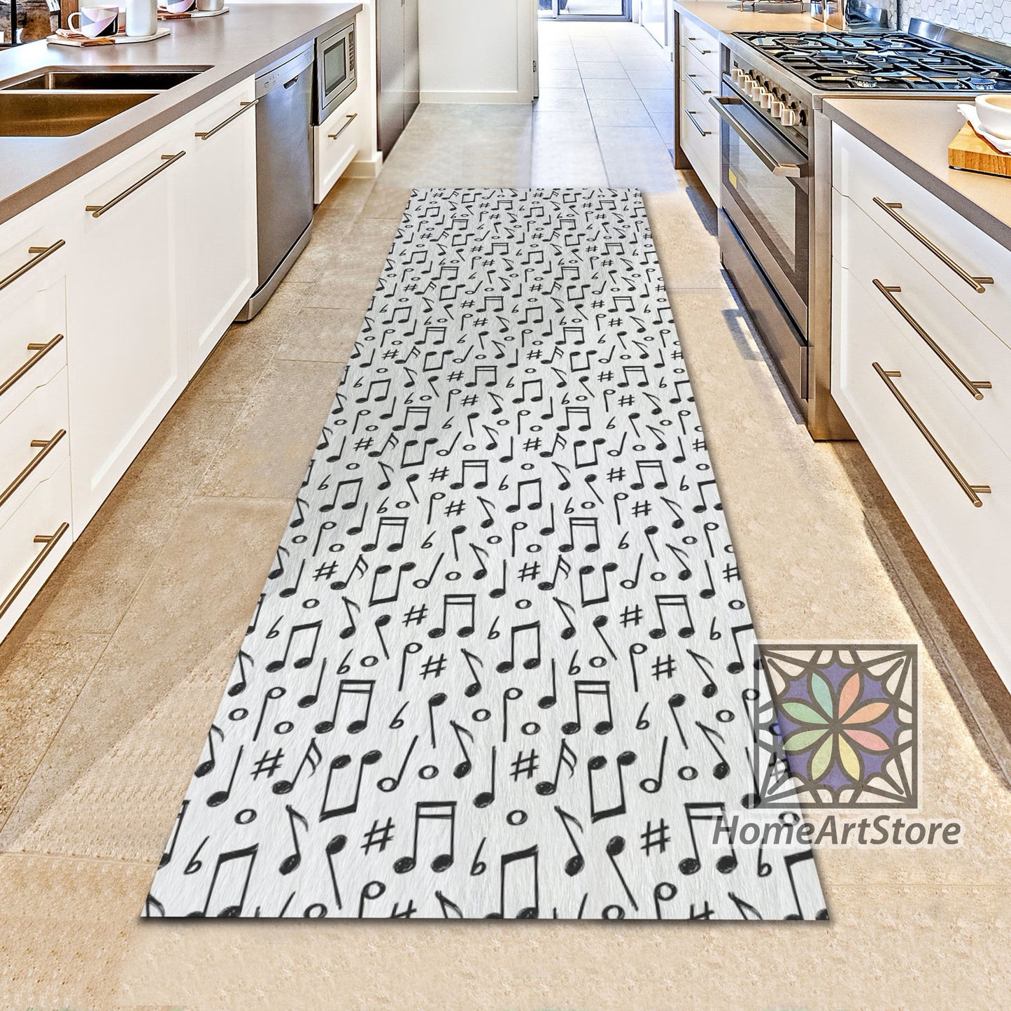Music Notes Pattern Runner Rug, Boho Style Carpet, Music Art Decor, Black and White Music Runner Rug
