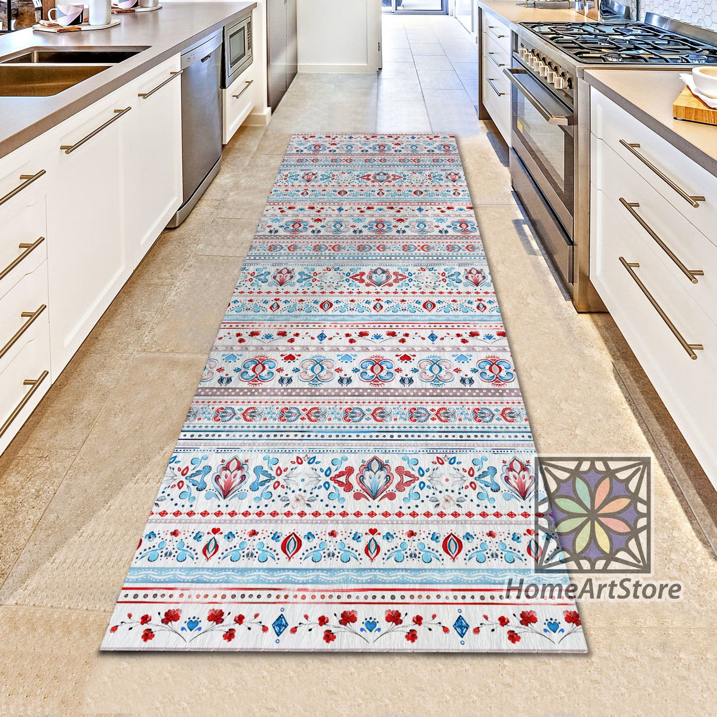 Colorful Tribal Runner Rug, Bohemian Carpet, Hallway Runner Mat, Boho Kitchen Runner Rug, Ethnic Pattern Rug