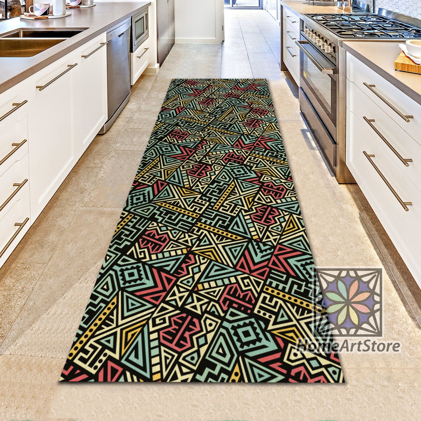 Colorful Aztec Pattern Runner Rug, Geometric Hallway Carpet, Kitchen Runner Mat, Modern Entryway Runner Carpet