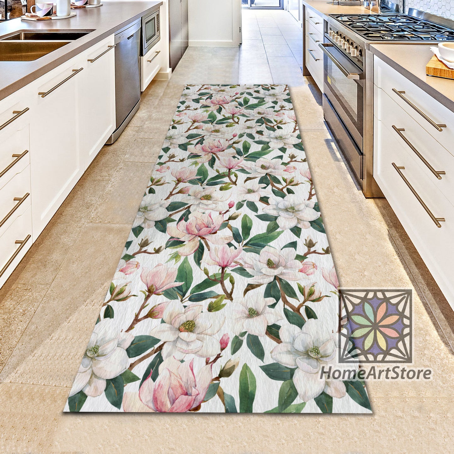 White and Pink Magnolia Flower Pattern Rug, Floral Runner Rug, Botanical Carpet, Hallway Runner Mat