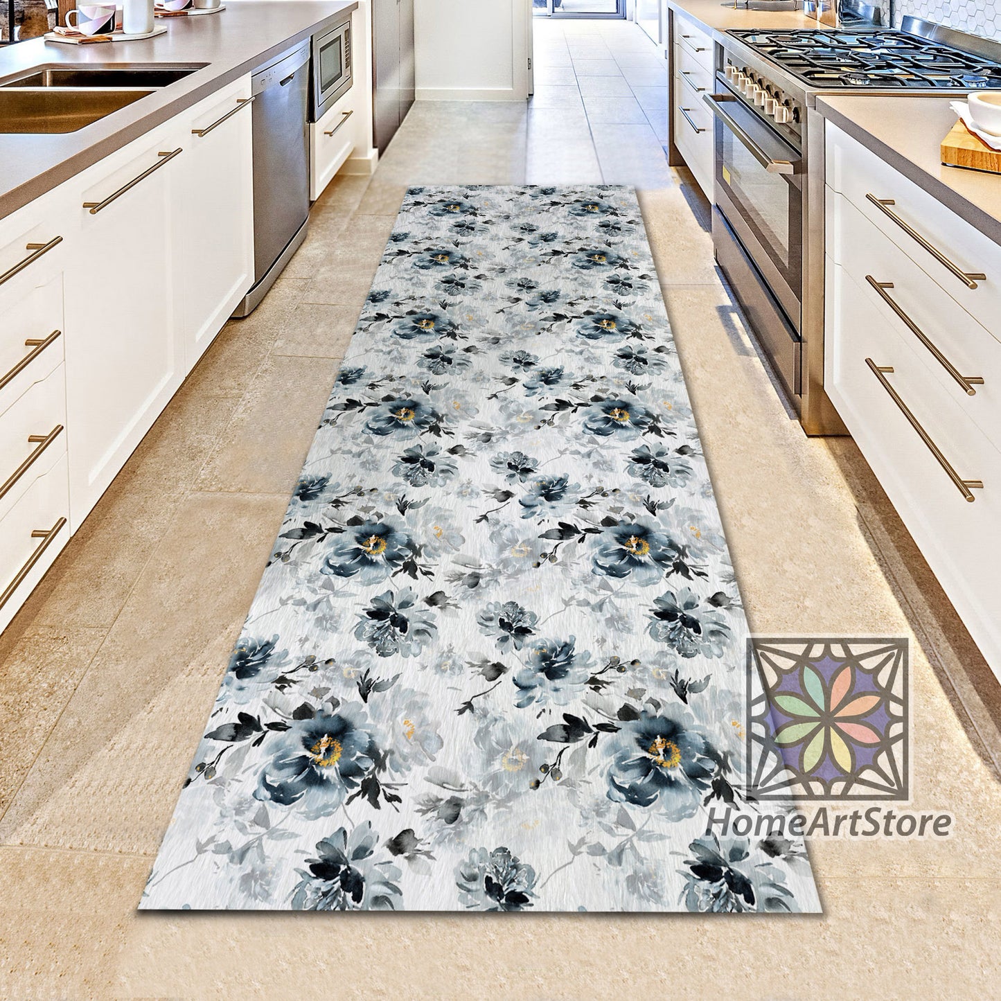 Dark Color Bohemian Flower Rug, Floral Kitchen Runner Carpet, Bedside Runner Rug