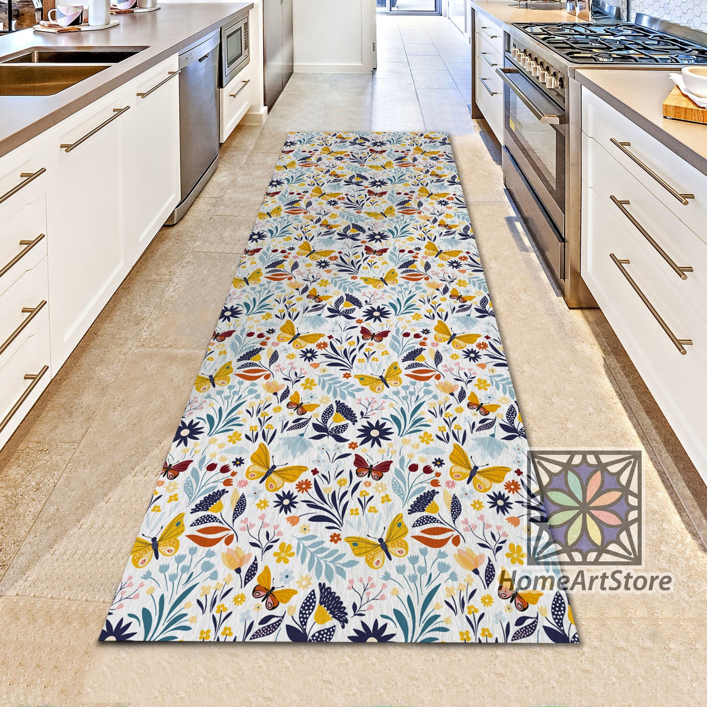 Butterfly and Flowers Pattern Rug, Botanical Decor, Boho Runner Rug, Kitchen Runner Carpet, Floral Rug, Bohemian Decor