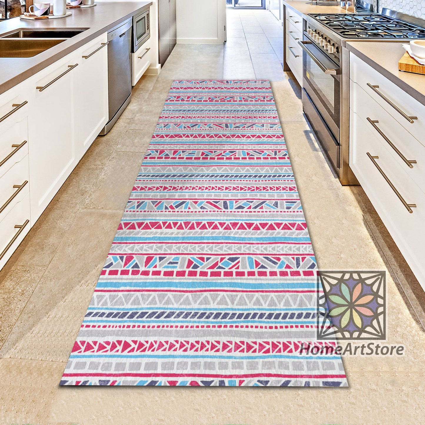 Colorful Geometric Rug, Ethnic Runner Rug, Boho Style Decor, Striped Kitchen Runner Carpet, Tribal Motif Mat