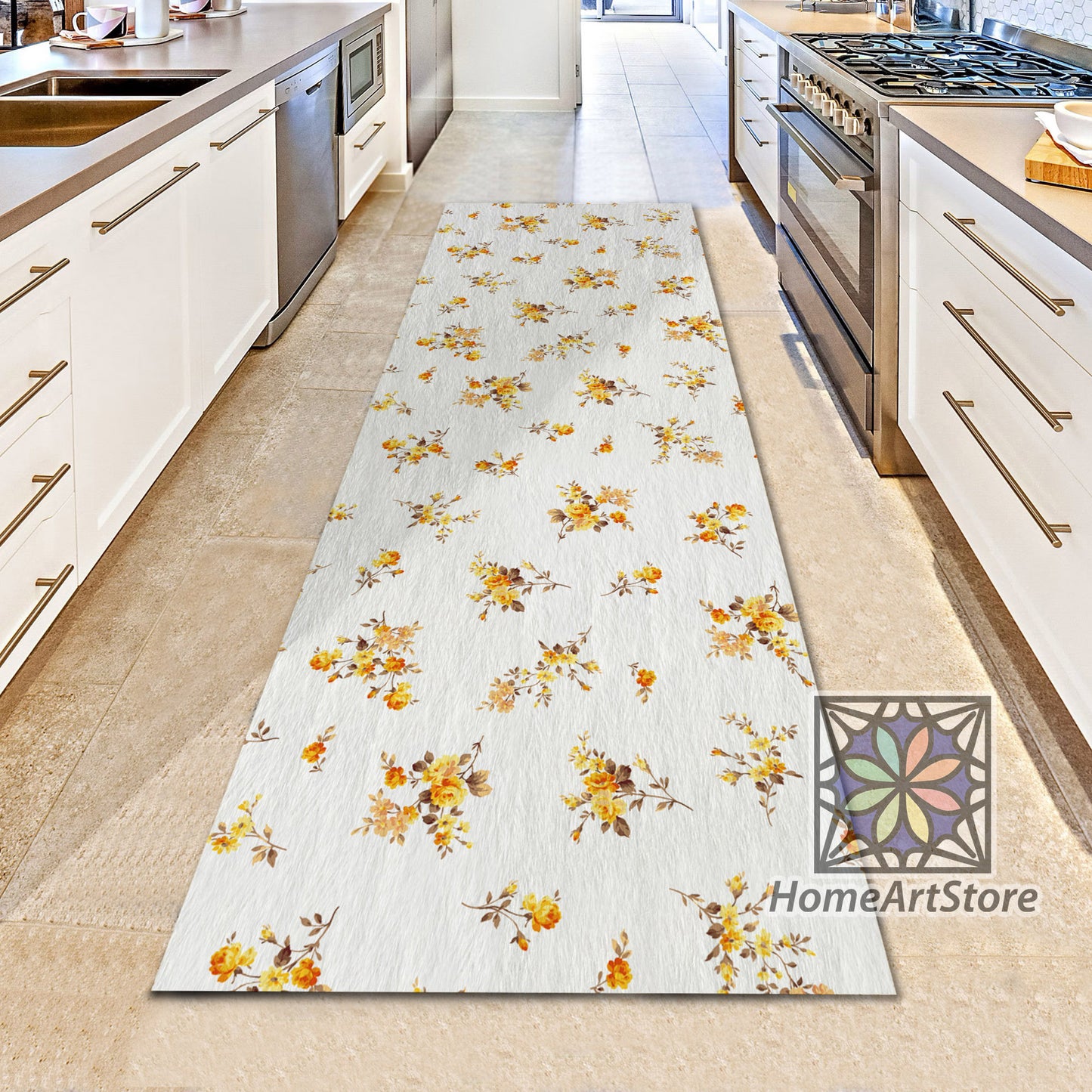 Yellow Rose Pattern Rug, Bohemian Runner Carpet, Corridor Runner Mat, Floral Rug, Gift for Her