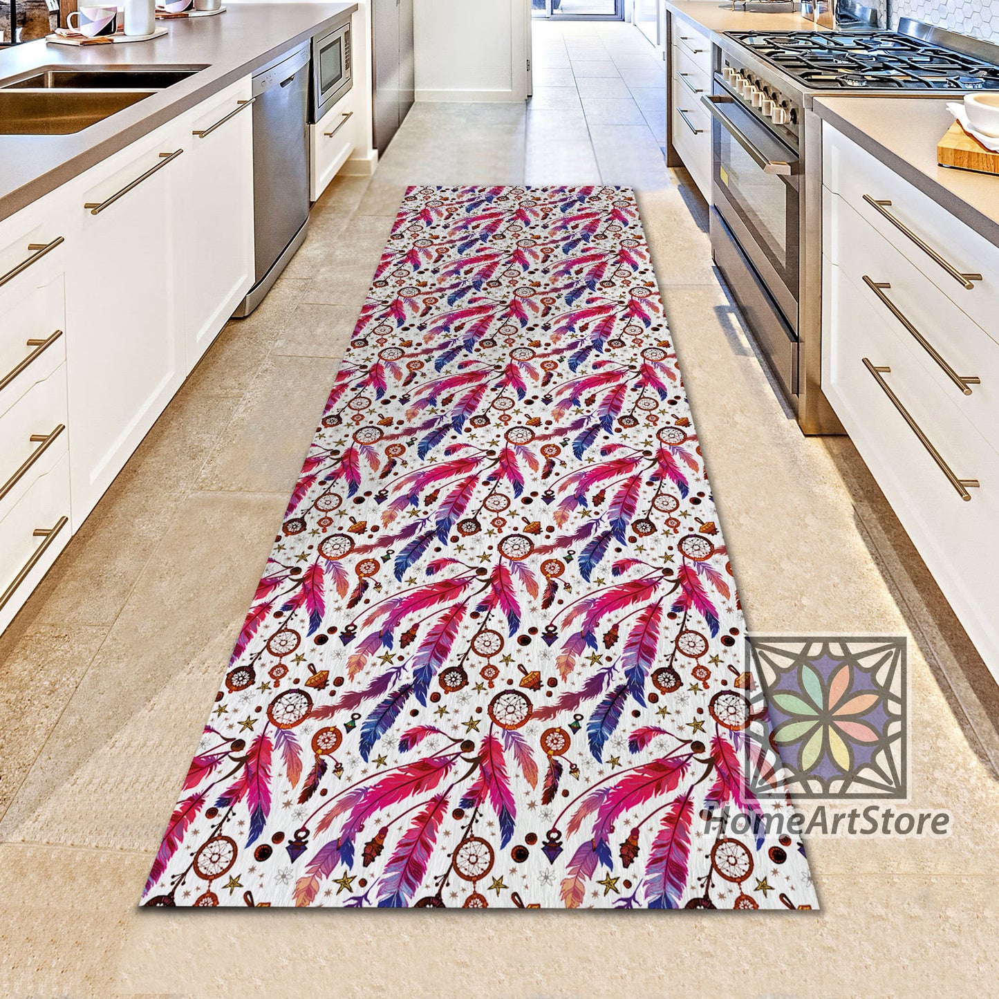 Dream Catcher Pattern Rug, Boho Style Kitchen Runner Rug, Colorful Ethnic Feather Hallway Runner Mat