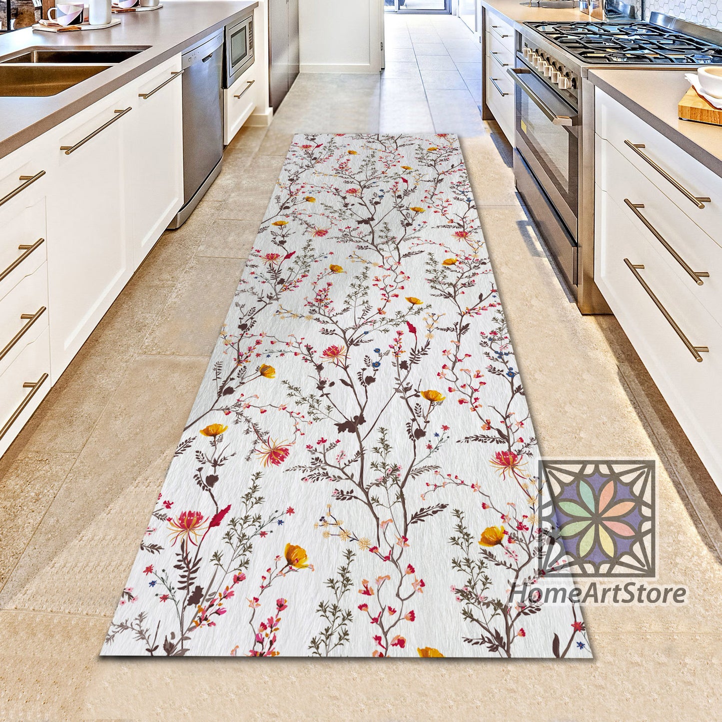 Flowers Blooming Pattern Runner Rug, Botanical Themed Runner Rug, Entryway Carpet, Floral Rug, Hallway Runner Rug