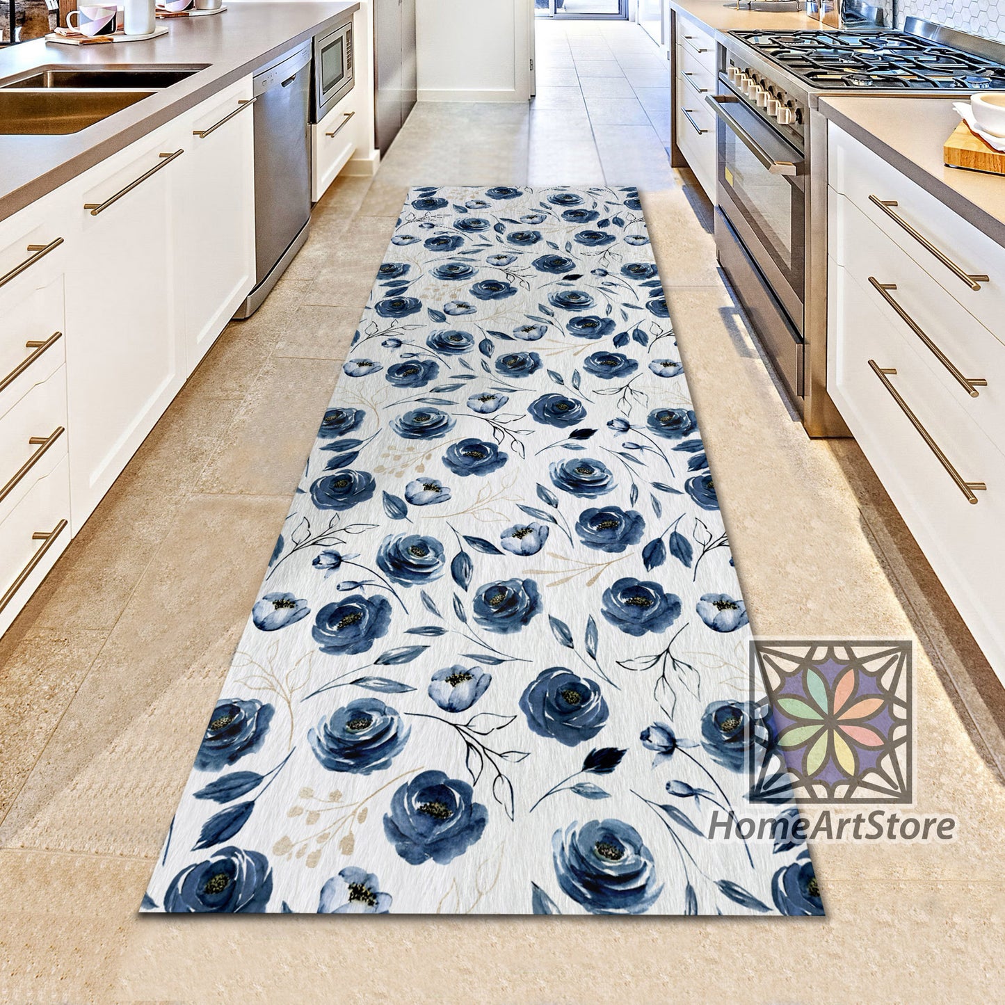 Blue Color Roses Pattern Runner Rug, Kitchen Runner Mat, Floral Carpet, Flower Home Decor