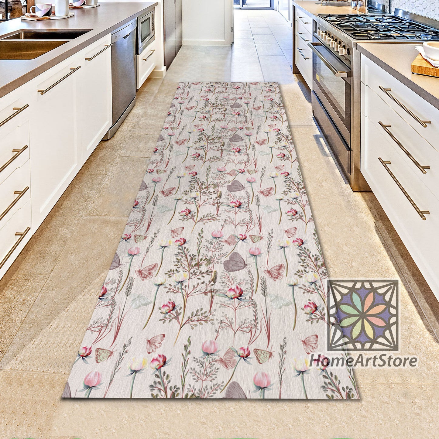 Butterfly Pattern Runner Rug, Flower Carpet, Plants Themed Kitchen Runner Mat, Hallway Runner Carpet