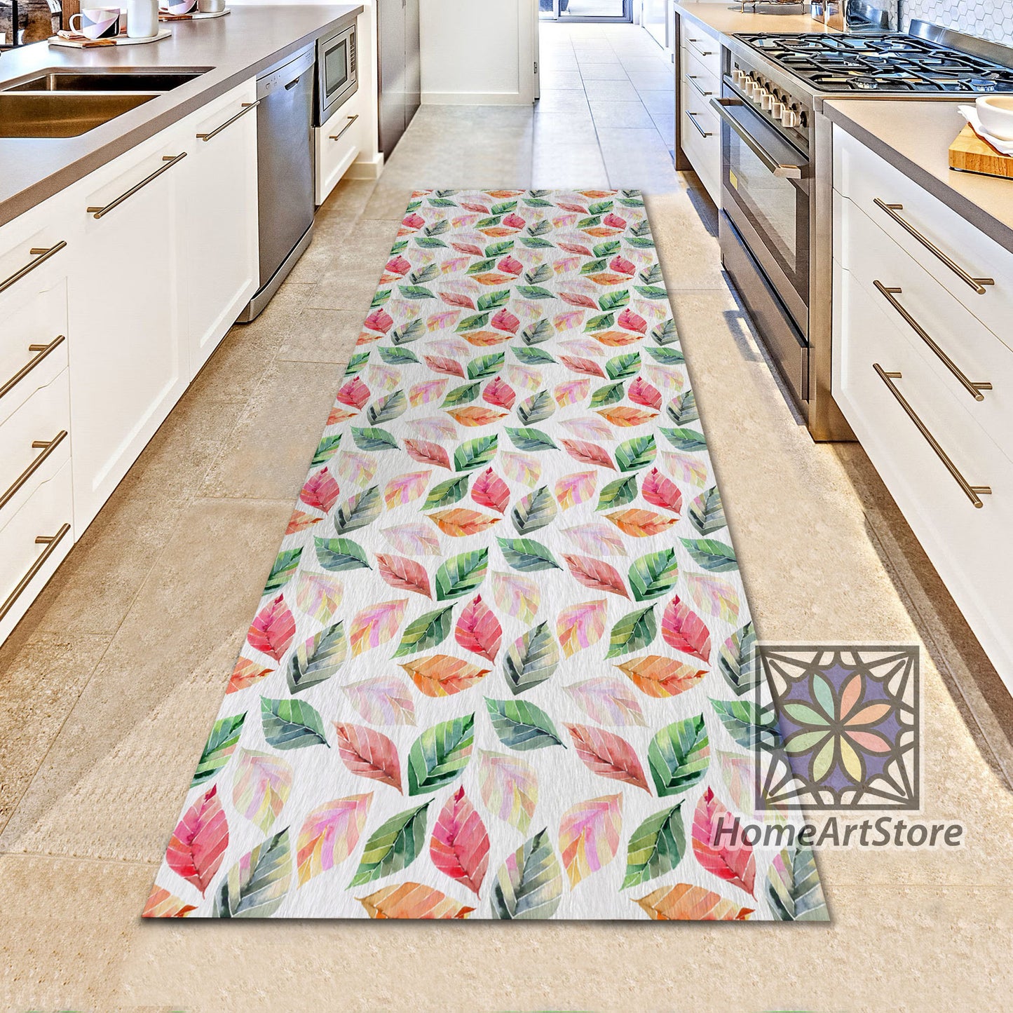 Colorful Leaves Pattern Rug, Kitchen Runner Rug, Boho Decor, Leaf Runner Carpet, Hallway Runner Mat