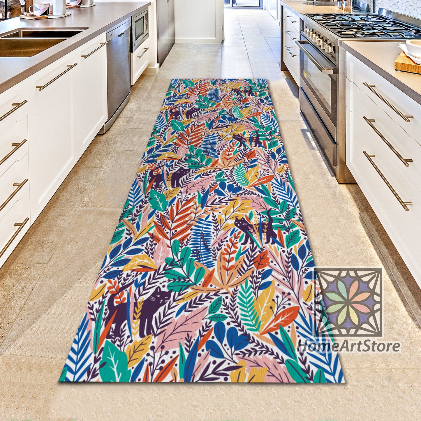 Colorful Leaves Runner Rug, Tropical Home Decor, Kitchen Runner Carpet, Hawaiian Hallway Runner Mat, Botanical Decor