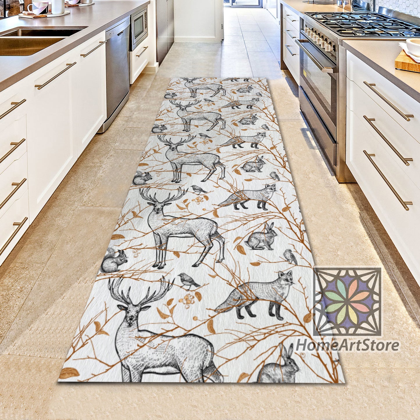 Forest Animal Pattern Rug, Animals Runner Rug, Deer, Fox, Hare, Squirrel Theme Carpet, Hallway Runner Mat