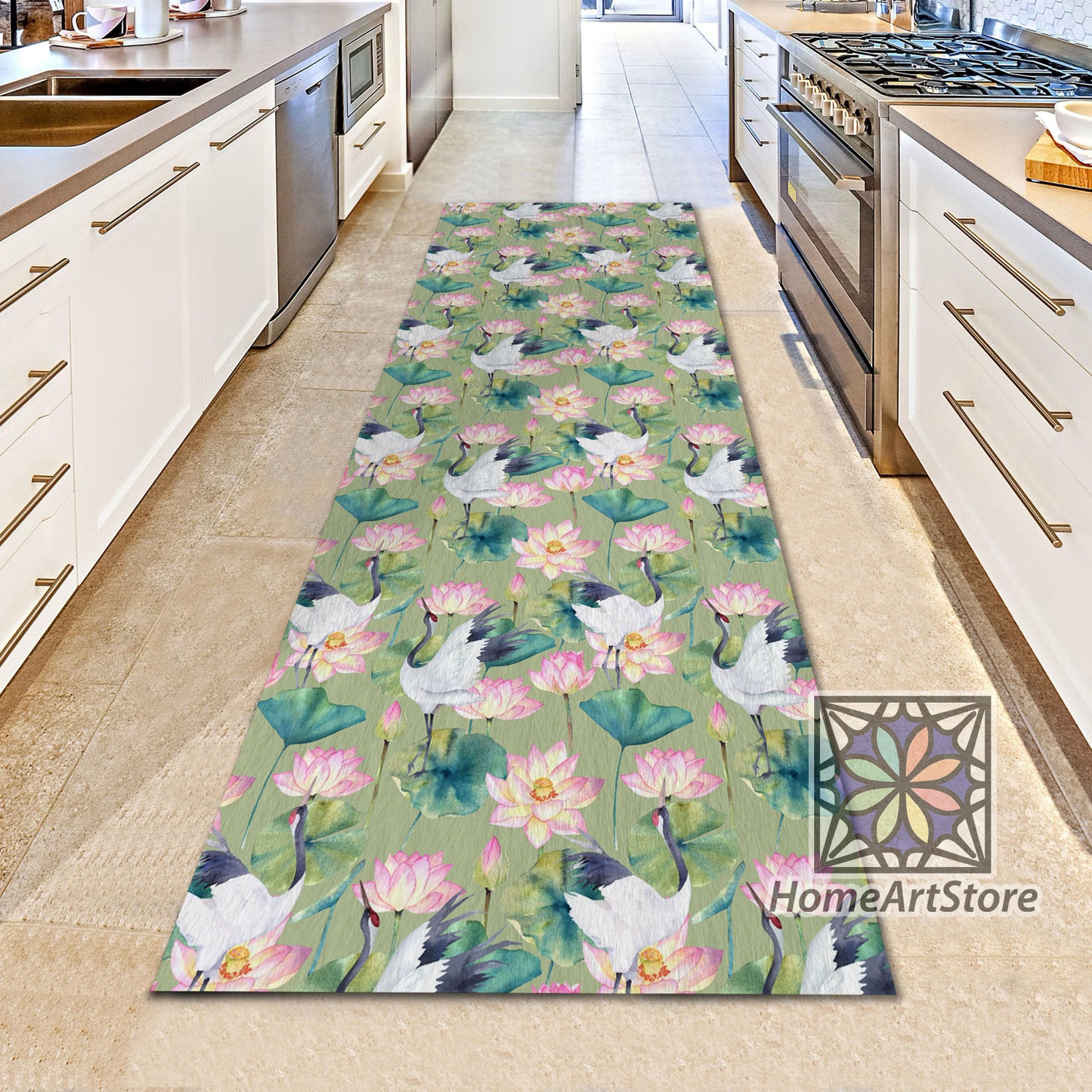 Lotus Flower Runner Rug, Bird Themed Runner Mat, Corridor Runner Carpet, Hallway Home Decor