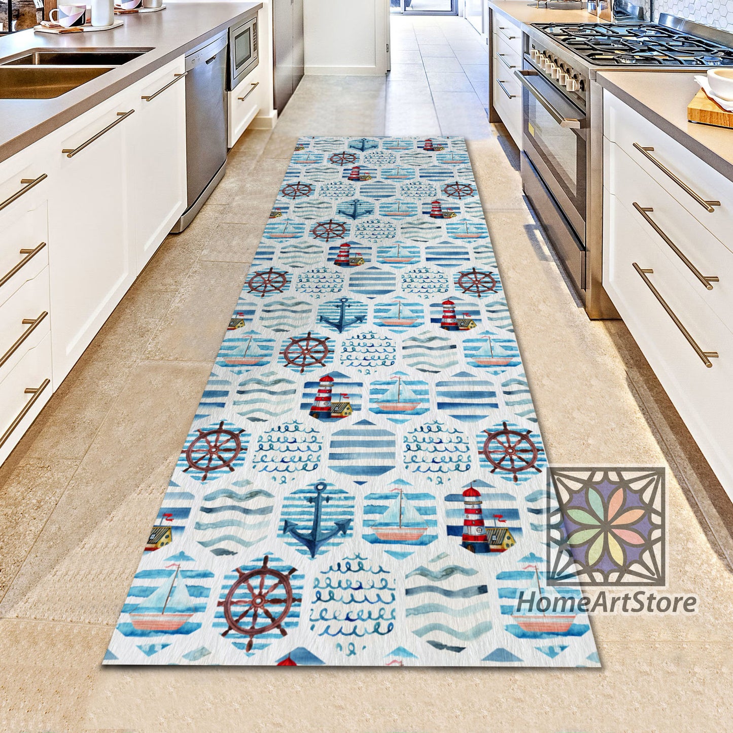 Marine Style Coastal Runner Rug, Sea Runner Mat, Summer House Decor, Ocean Carpet, Tropical Mat, Hawaiian Gift