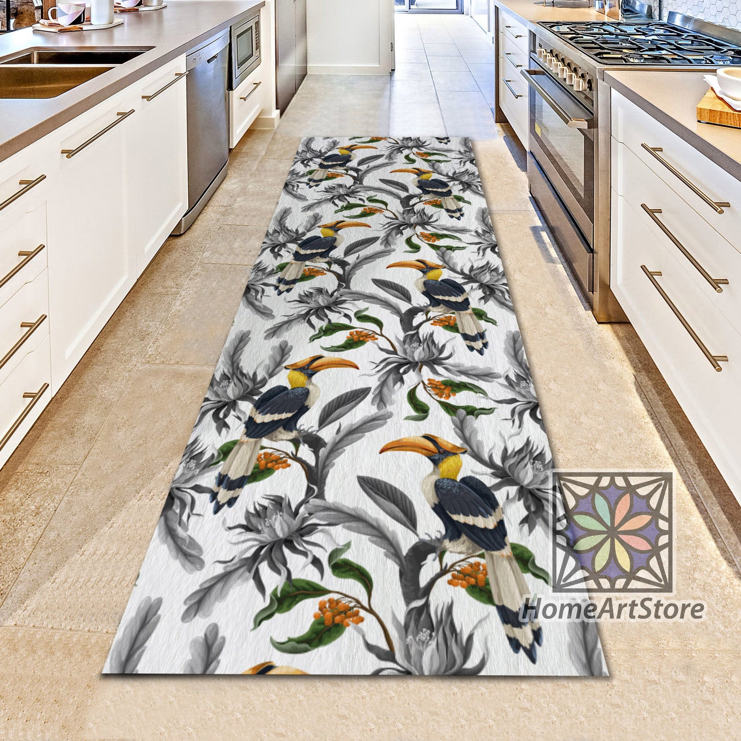 Tropical Birds Pattern Rug, Flowers and Leaves Carpet, Entryway Runner Rug, Hawaiian Decor