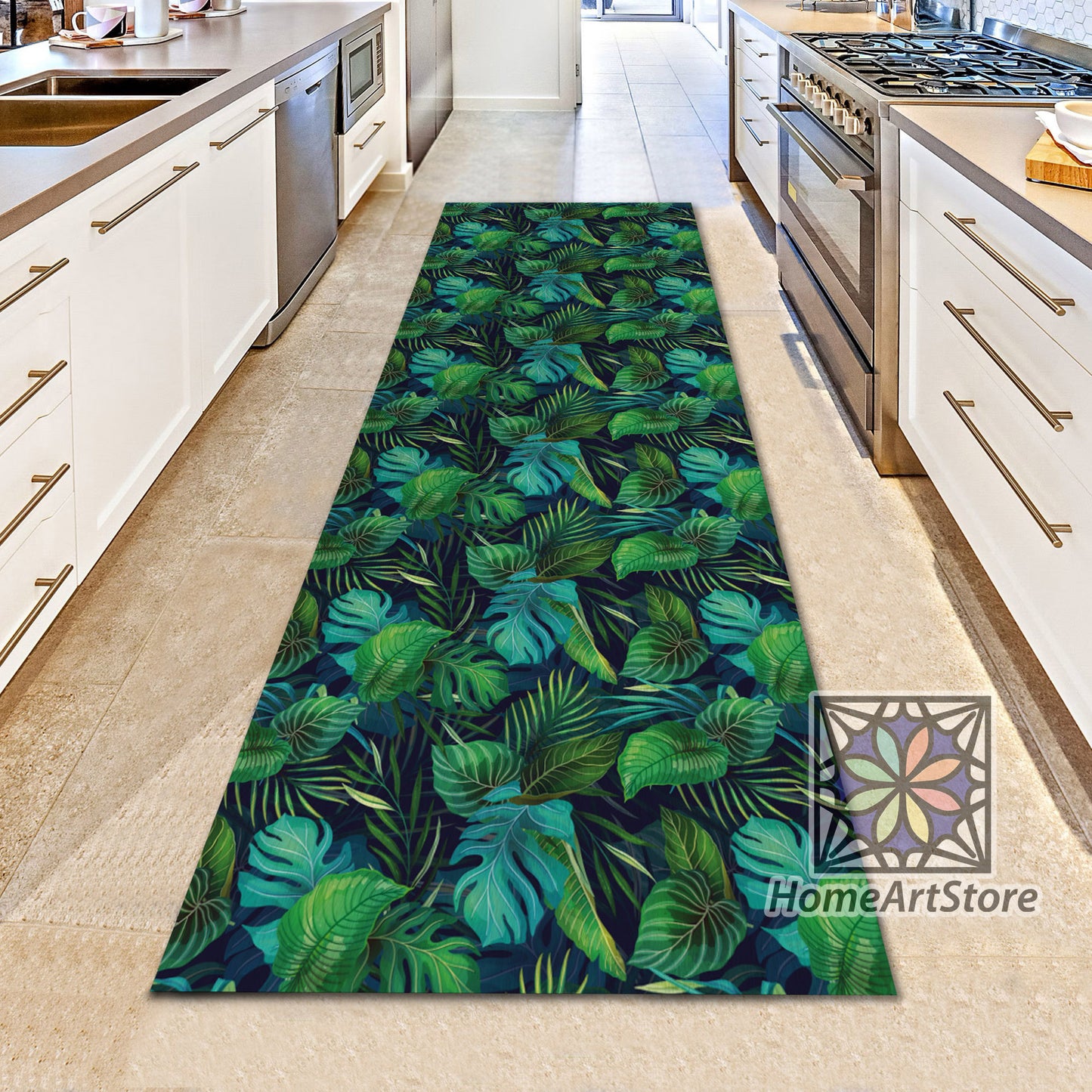 Exotic Leaves Pattern Rug, Tropical Home Decor, Green Color Leaf Carpet, Hawaii Jungle Runner Rug, Hallway Runner Rug
