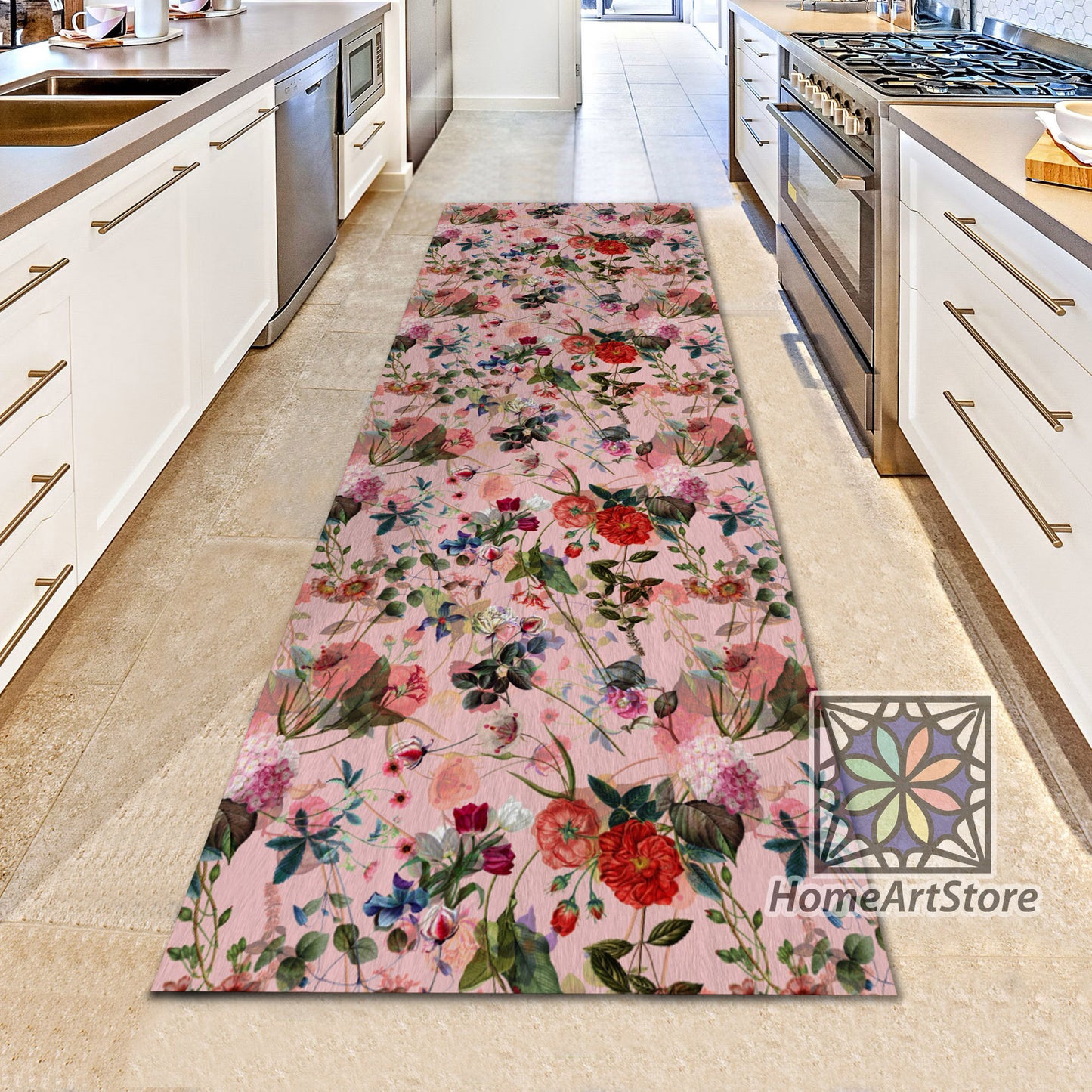 Exotic Forest Themed Runner Rug, Powder Color Runner Rug, Corridor Runner Carpet, Tropical Home Decor, Floral Runner Rug