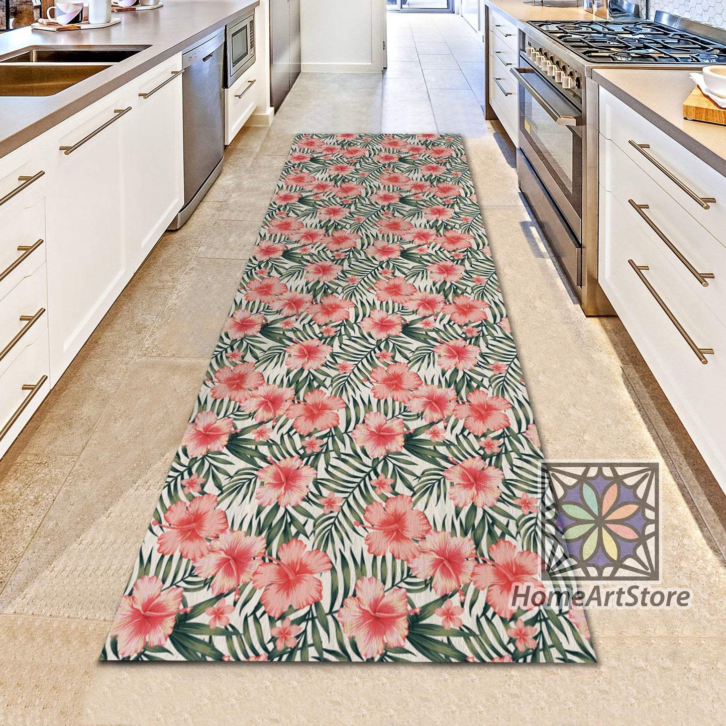Pink Hibiscus Flower Pattern Rug, Tropical Palm Leaves Themed Runner Rug, Boho Runner Carpet, Hawaii Decor