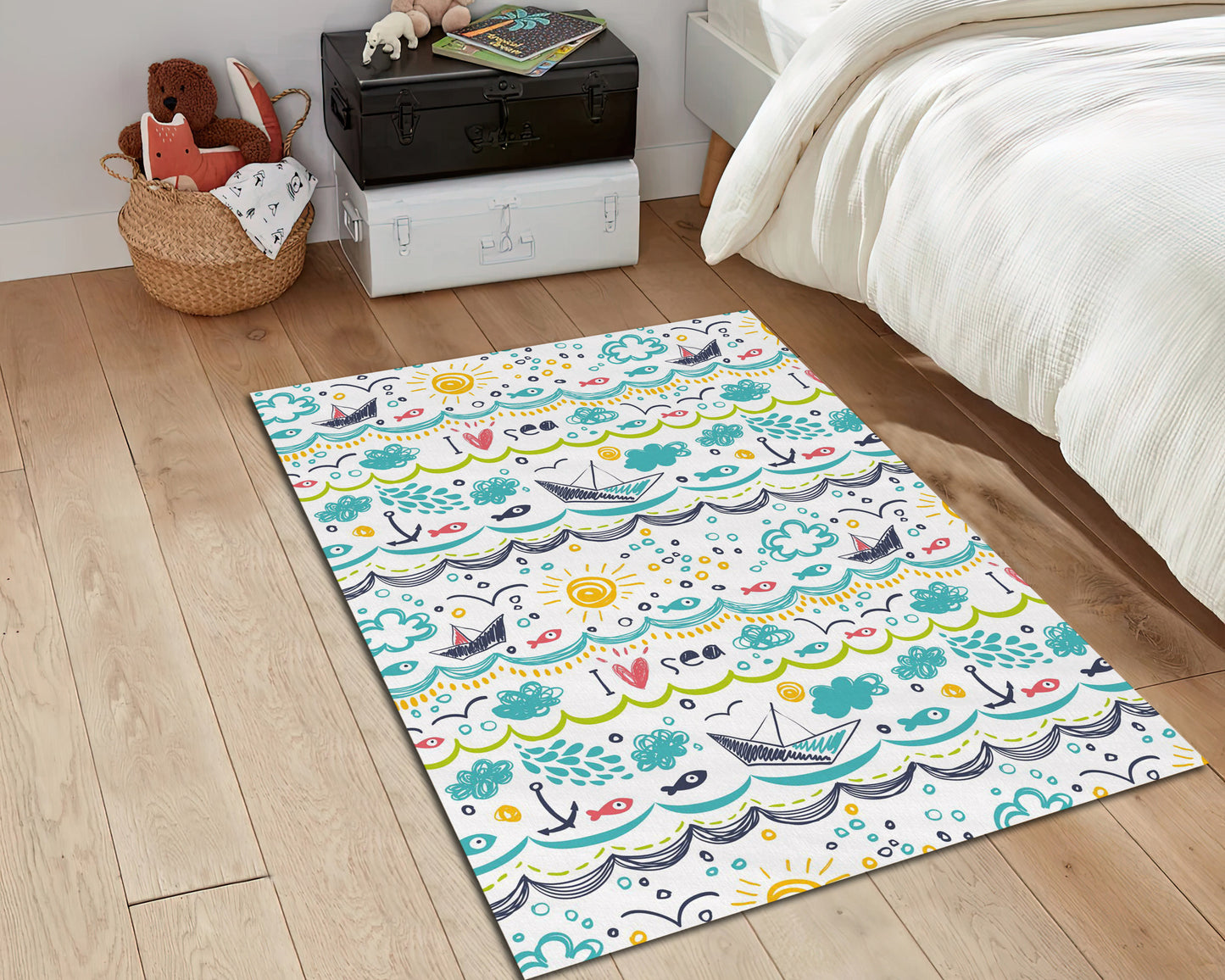 Blue Anchor Themed Rug, Sea Boat Carpet, Kids Room Mat, Baby Shower Decor, Baby Gift