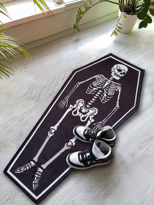 Skeleton Rug - Coffin Shaped Carpet for Gothic Decor, Horror Rug, and Scary Mat