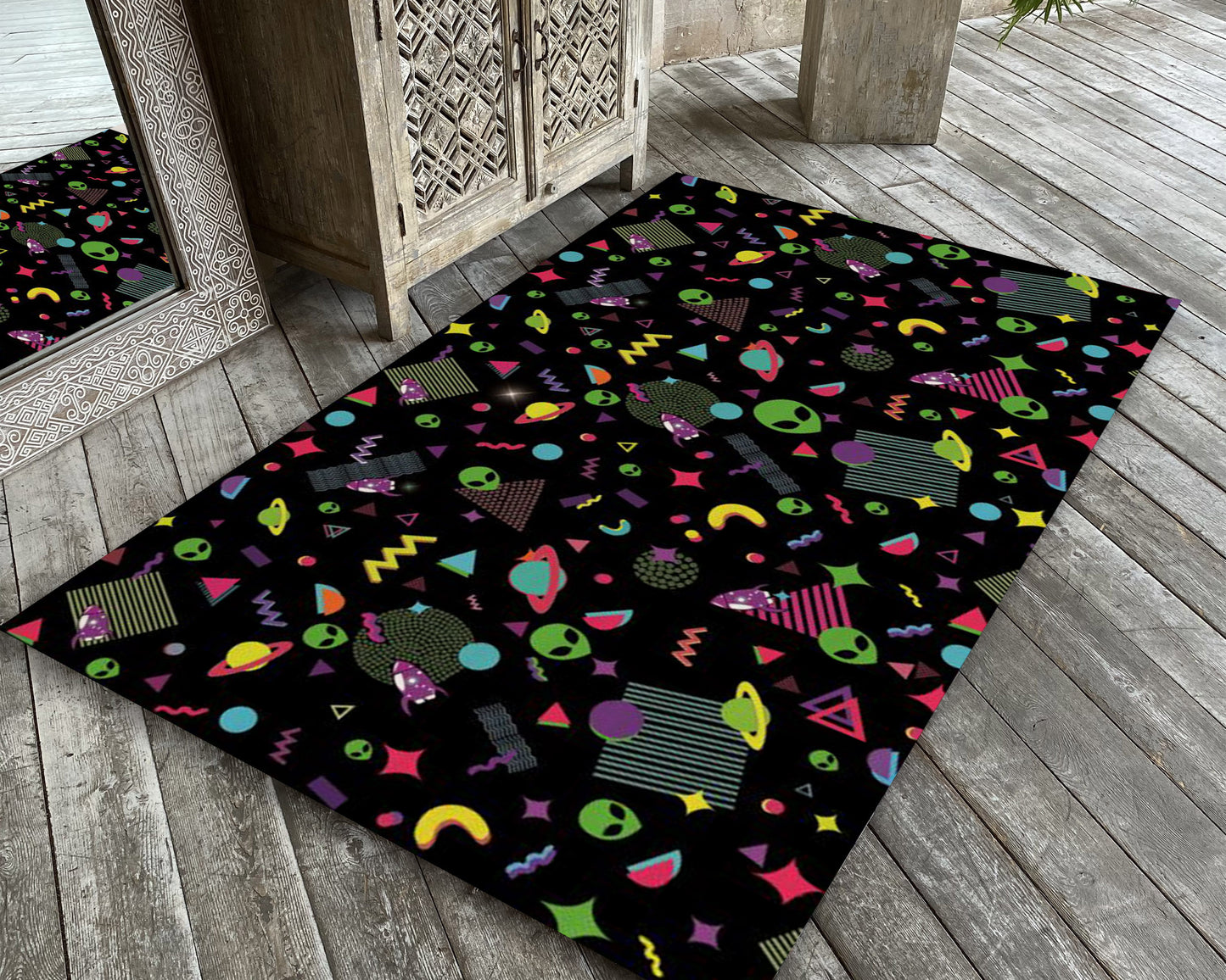 Space Arcade Game Rug, Galaxy Gamer Carpet, Alien Patterned Mat, Game Room Decor, Gaming Rug