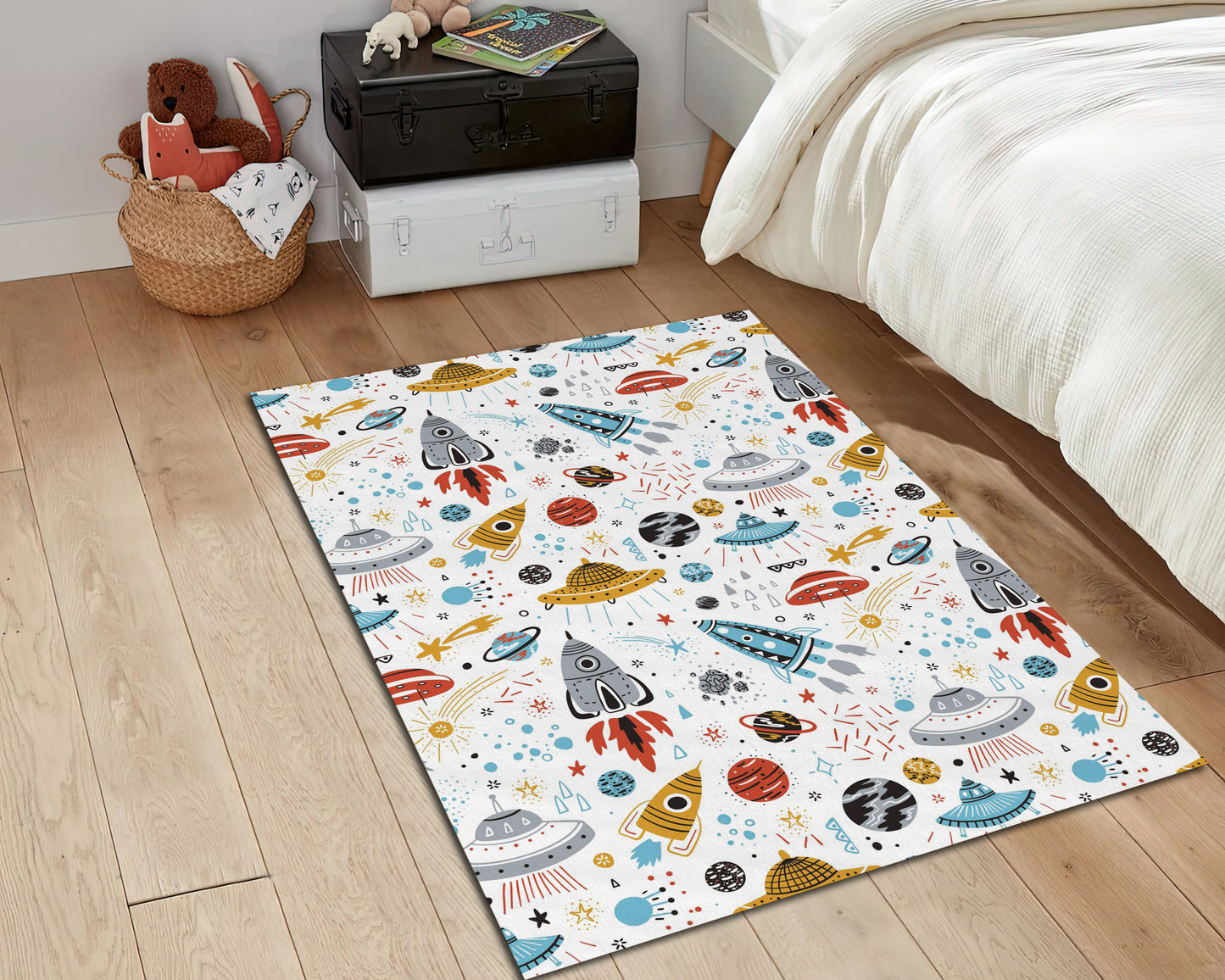 Colorful Space Rug, Galaxy Carpet, Kids Room Mat, UFO Themed Rug, Nursery Decor
