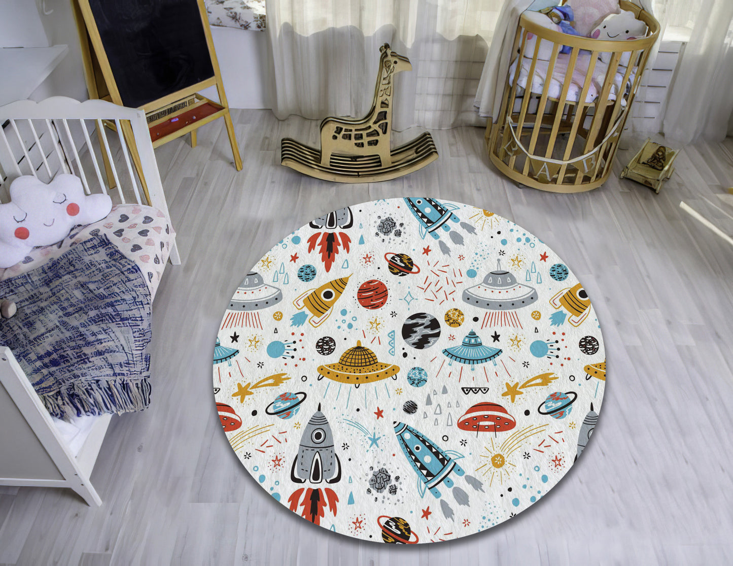UFO Pattern Rug, Space Decor, Galaxy Carpet, Nursery Play Mat, Kids Room Rug