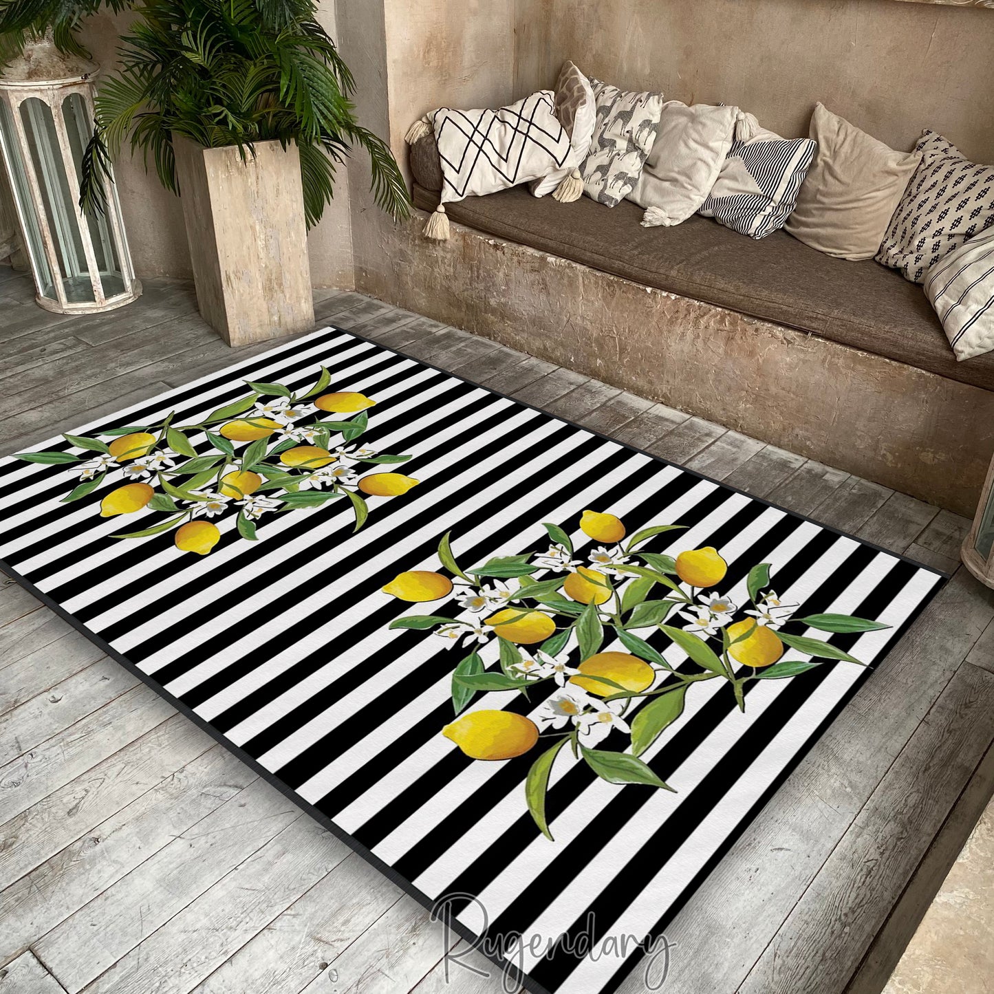 Lemon Tree Pattern Rug, Striped Kitchen Runner Mat, Dining Room Carpet, Entryway Decor