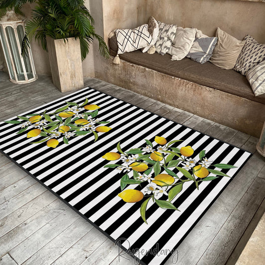 Lemon Tree Pattern Rug, Striped Kitchen Runner Mat, Dining Room Carpet, Entryway Decor