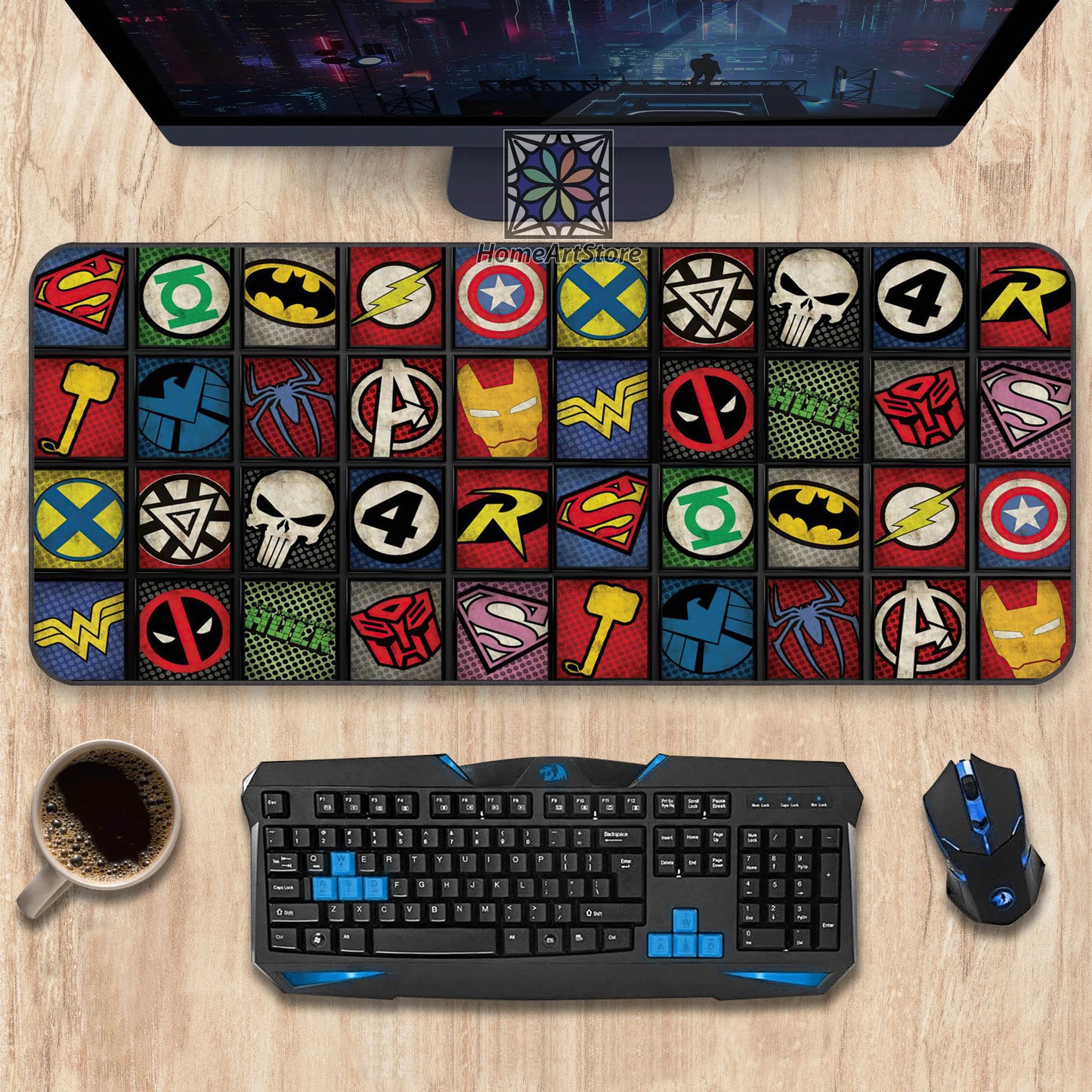 Vintage Marvel Mouse Mat, Super Hero Logo Collage Desk Mat, Marvel Decor, Marvel Fan Gift