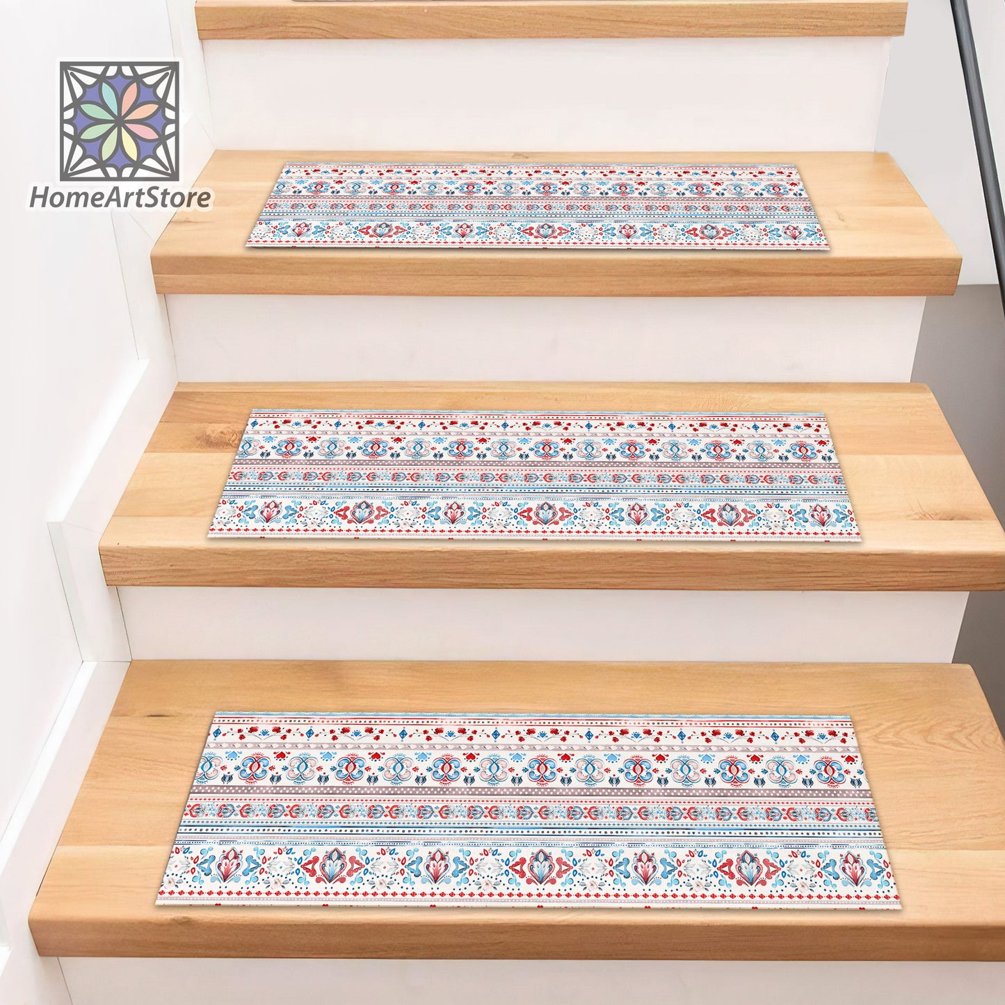 Tribal Motif Pattern Stair Rugs, Geometric Stair Mats, Bohemian Decor, Modern Stair Tread Carpet, Boho Style Step Mat, Ethnic Decor