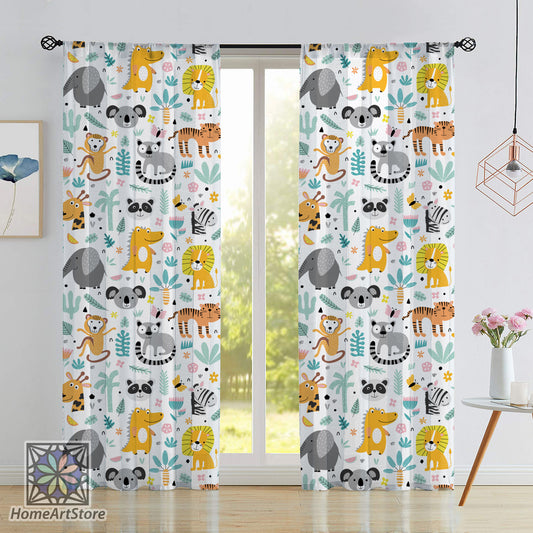 Zoo Pattern Curtain, Cute Tropical Animals Curtain, Children Room Curtain, Baby Lion, Fox, Elephant, Monkey, Baby Gift