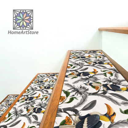 Tropical Birds Themed Stair Step Rugs, Flowers Pattern Stair Mats, Hawaiian Stair Tread Carpet, Bohemian Home Decor