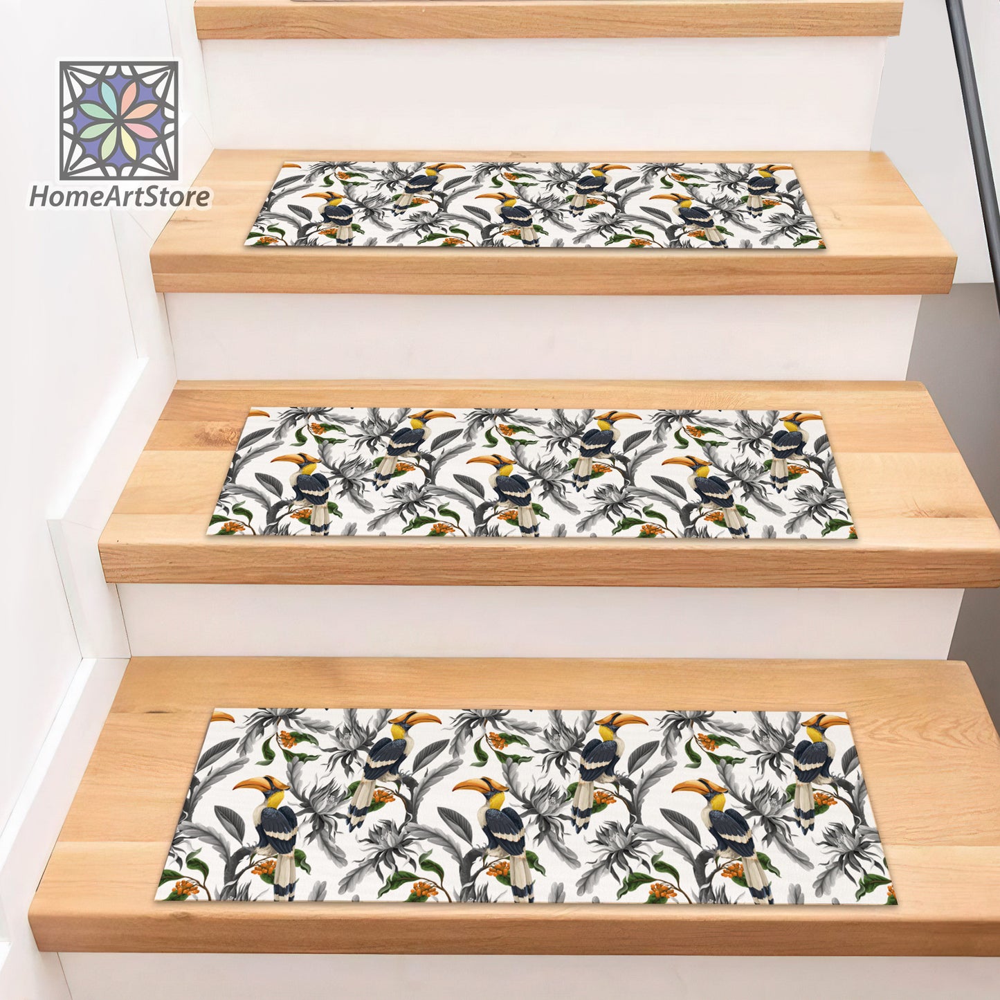 Tropical Birds Themed Stair Step Rugs, Flowers Pattern Stair Mats, Hawaiian Stair Tread Carpet, Bohemian Home Decor