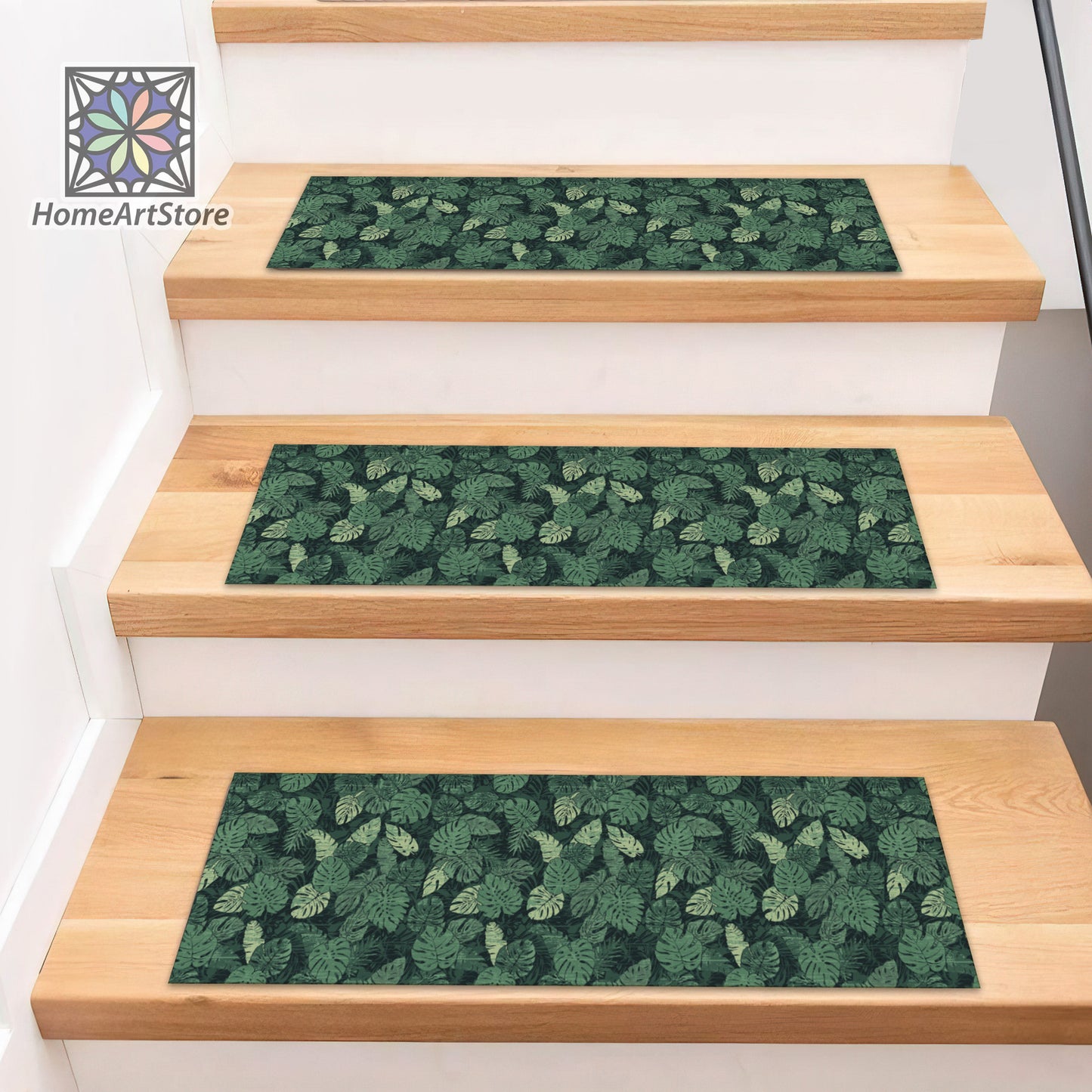 Green Tropical Palm Leaves Stair Rugs, Modern Stair Tread Carpet, Abstract Stair Step Mats, Botanic Decor