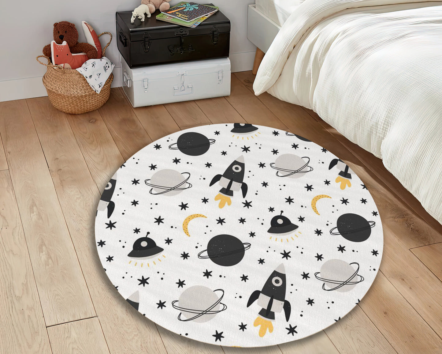 Kids Space Pattern Rug, Baby Room Carpet, Galaxy Round Mat, Nursey Play Rug, Moon, Baby Gift