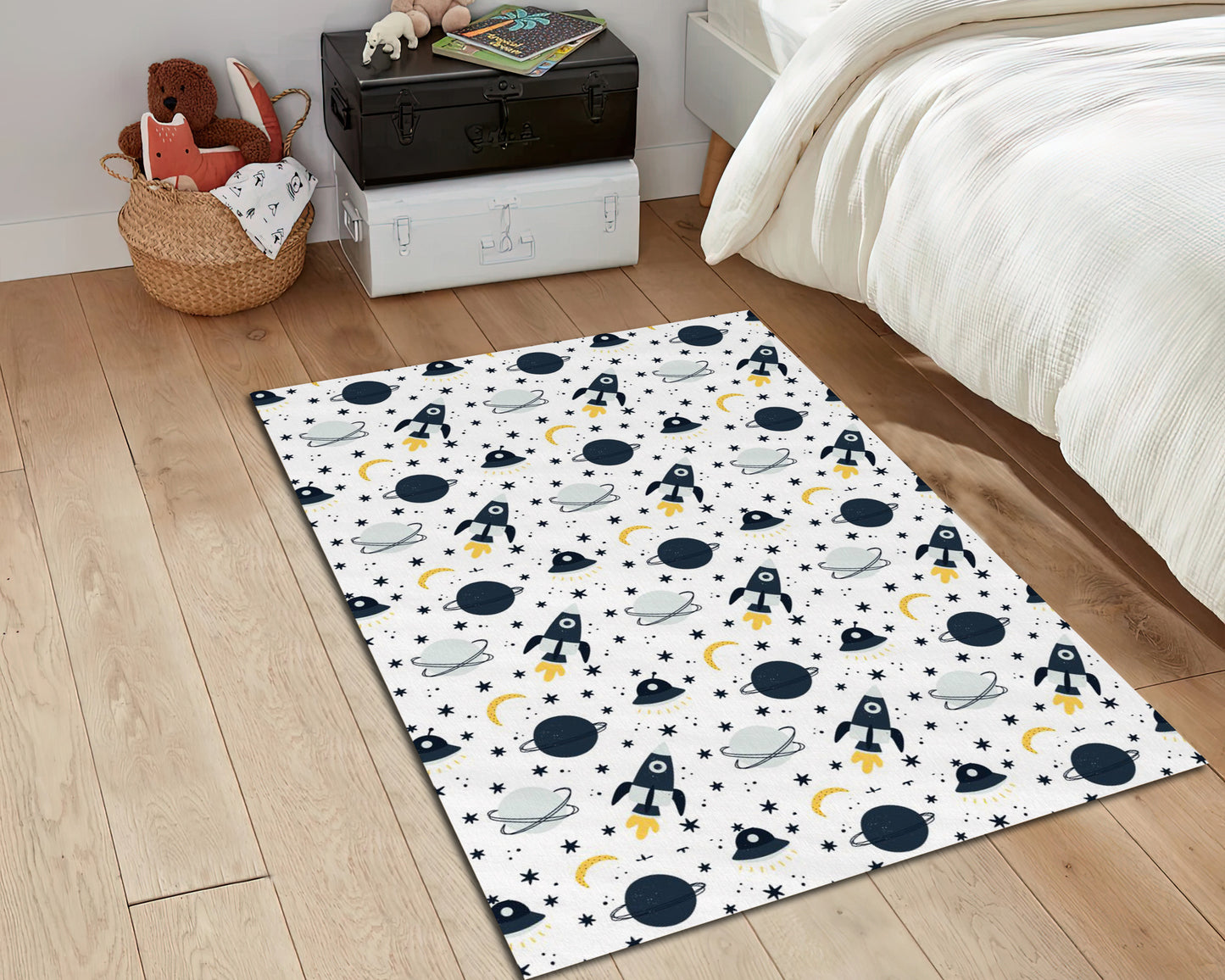 Rocket Pattern Rug, Kids Room Carpet, Galaxy Decor, Nursey Mat, Moon, Planets, Stars Themed Rug