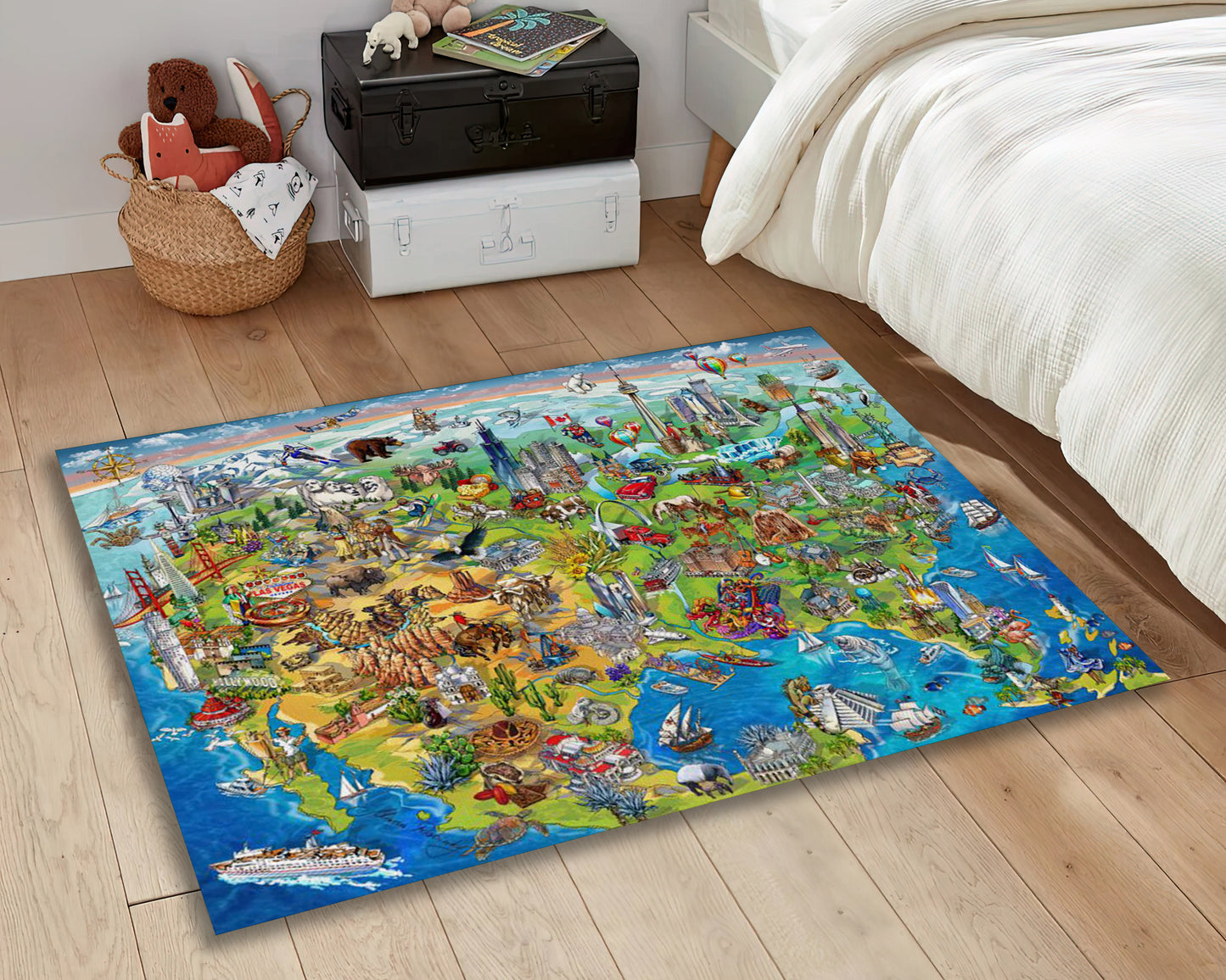USA Map Printed Rug, United State of America Map Carpet, Children Room Mat, Nursery Decor