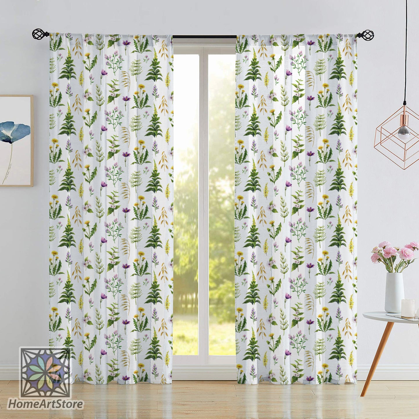 Field Plants Curtain, Leaves Pattern Curtain, Botanical Home Decor, Modern Living Room Floral Curtain