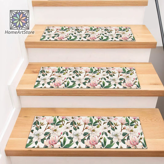 White and Pink Color Floral Stair Rugs, Magnolia Pattern Stair Step Mats, Flower Stair Tread Carpet, Botanical Mat