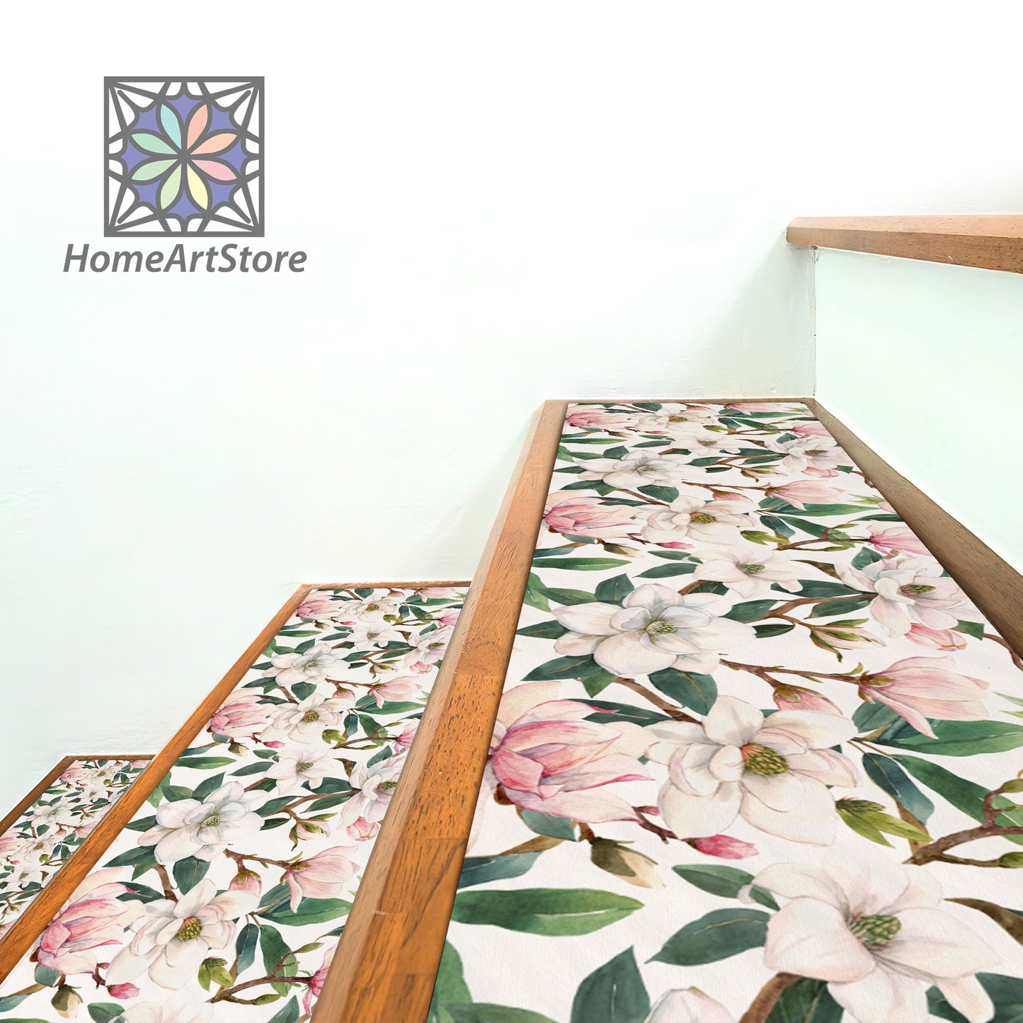 White and Pink Color Floral Stair Rugs, Magnolia Pattern Stair Step Mats, Flower Stair Tread Carpet, Botanical Mat