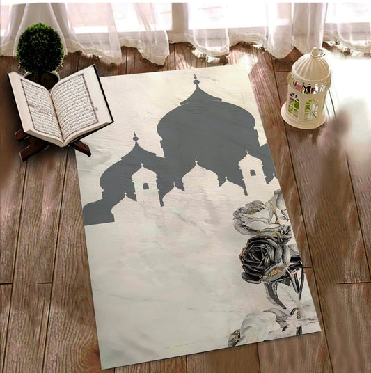 Mosque Themed Prayer Mat, Rose Printed Prayer Rug, Children's Prayer Mat, Islamic Rug