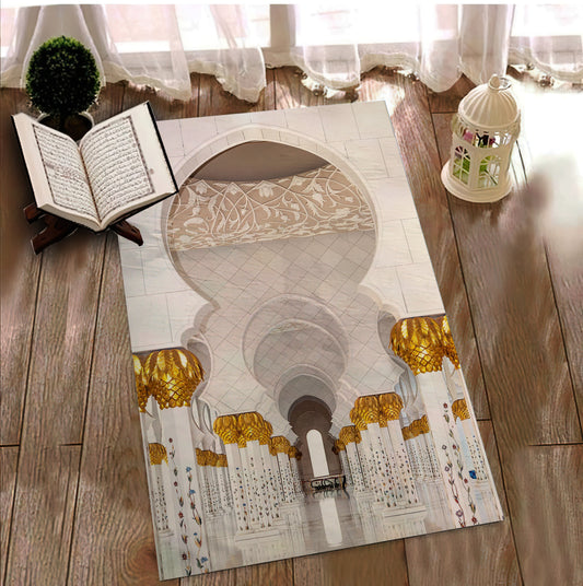 3D Mosque Printed Prayer Rug, White and Gold Luxury Prayer Mat, Islamic Prayer Mat, Islamic gift