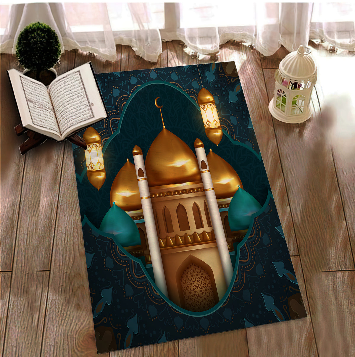 Muslim Pra Rug Blue and Gold Luxury Prayer Mat, Mosque Printed Prayer Rug, Muslim Pra ...