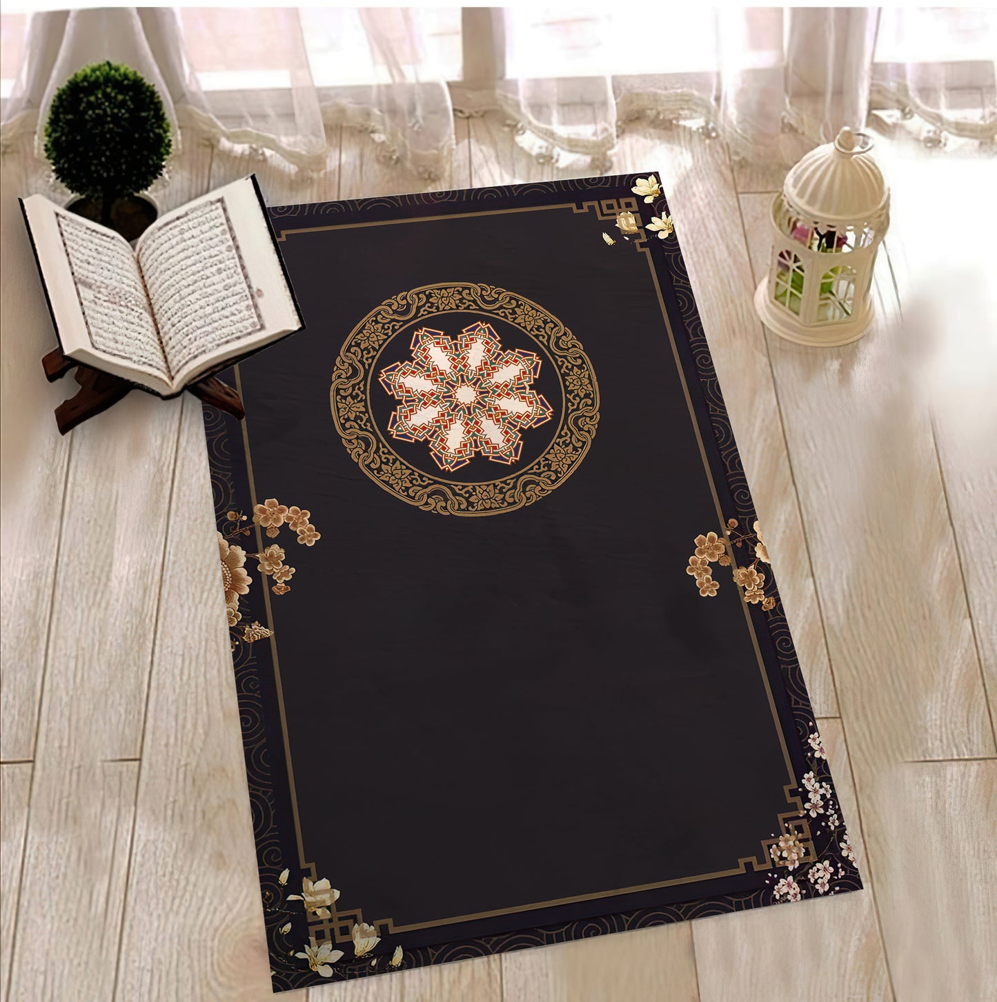 Flower Printed Prayer Mat, Mandala Motif Prayer Rug, Muslim Prayer Mat, Turkish Prayer Mat