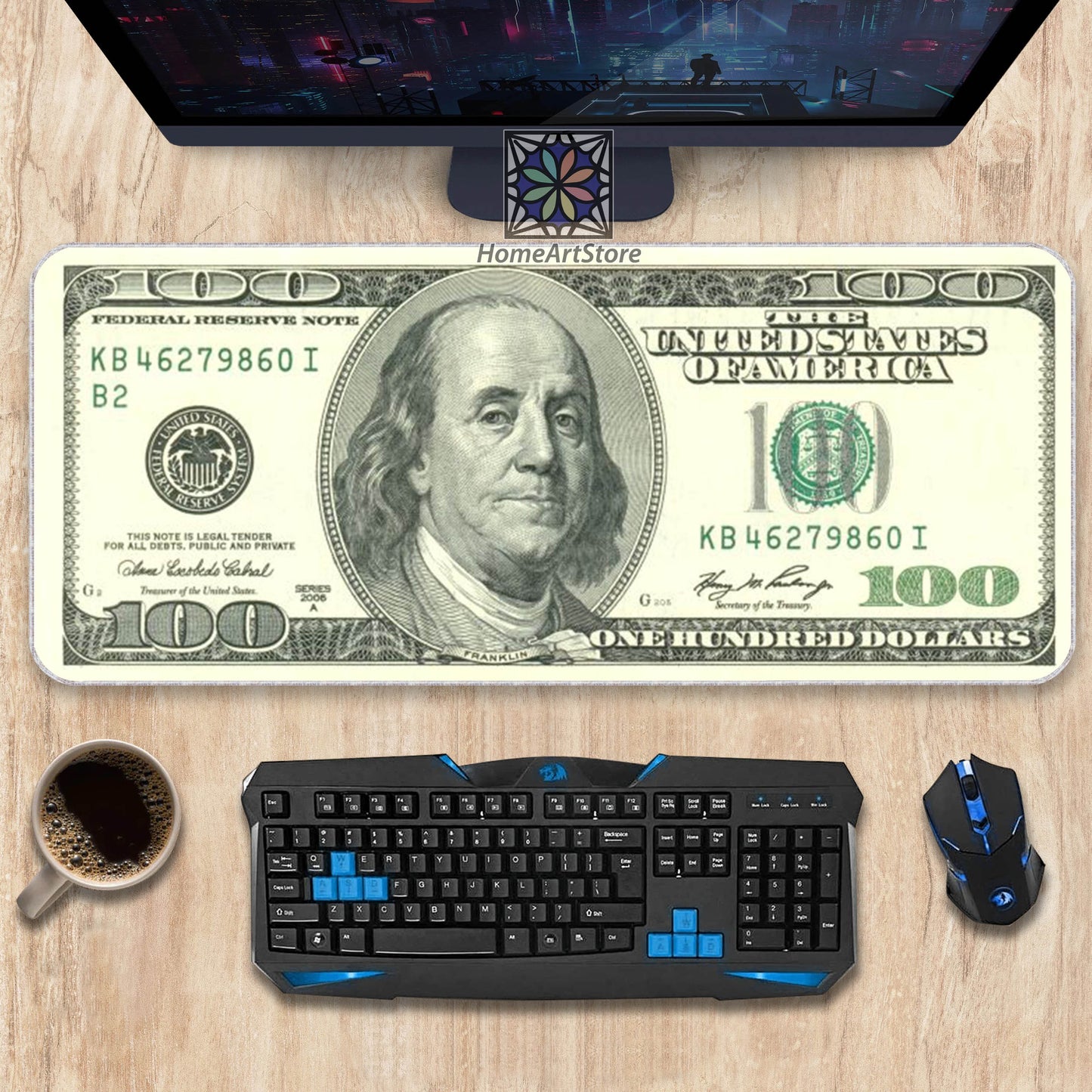 100 Dollar Bill Desk Mat, Benjamin Franklin Money Themed Mousepad, Extra Large Mouse Mat, Office Decor