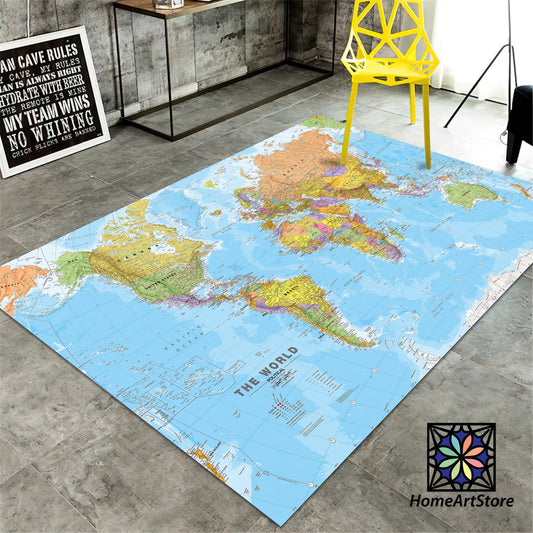 World Map Rug, Educational Carpet, Office Mat, Playroom Carpet, School Rug, Nonslip Washable Floor Mat